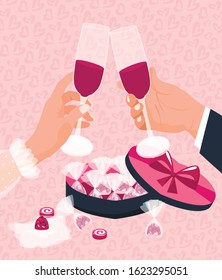 Valentine's day concept. A man and a woman celebrate February 14 and clink glasses with red wine and eat chocolate sweets. Pink background with little hearts. Greeting card, poster, flyer.