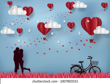 Valentine's Day Concept Men and women stand together. There is a bicycle park. There are balloons floating in the blue sky. And with a heart beat down and Flying bird. romantic vector art paper