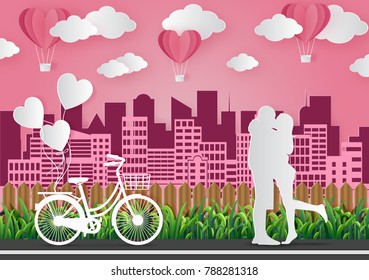 Valentine's Day concept men and women stand embracing each other to show love. There are bicycles on the street and binder are lined with green grass along the road. Pink sky Vector illustration paper