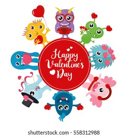 Valentine's Day concept with monsters. Cartoon creature frame with "Happy Valentine's Day" letters.