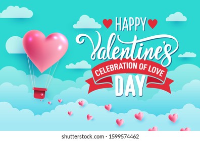 Valentine's day concept. Paper art of heart balloon flying and scattering little heart in the sky, origami. Design for Invitations, posters, banners. Vector illustration. Isolated on blue background.