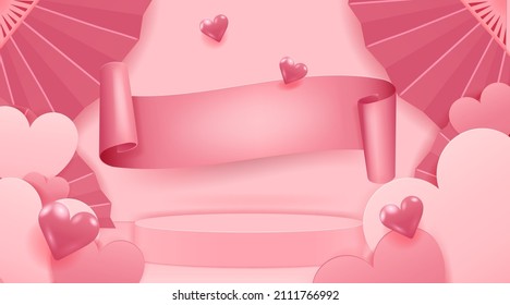 Valentine's Day Concept. Paper cut style heart shape. Podium design