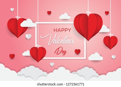 Valentine's day concept, Paper Heart shape balloon floating in the sky. vector illustration