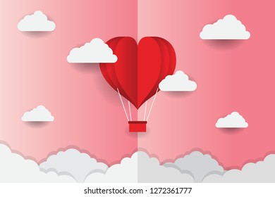 Valentine's day concept, Paper Heart shape balloon floating in the sky. vector illustration