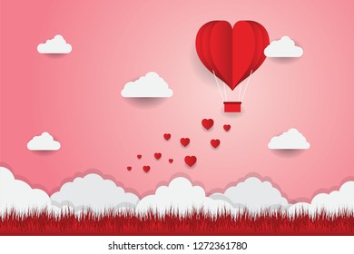 Valentine's day concept, Paper Heart shape balloon floating in the sky. vector illustration