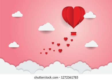 Valentine's day concept, Paper Heart shape balloon floating in the sky. vector illustration
