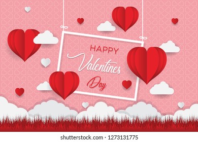 Valentine's day concept, Paper Heart shape balloon floating in the sky. vector illustration.