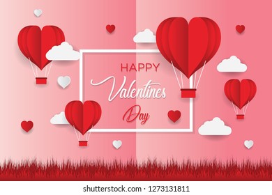 Valentine's day concept, Paper Heart shape balloon floating in the sky. vector illustration.