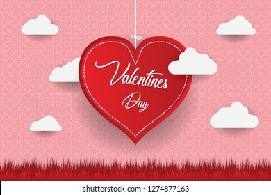 Valentine's day concept, Paper Heart shape balloon floating in the sky. vector illustration. Paper art and digital craft style. Eps 10