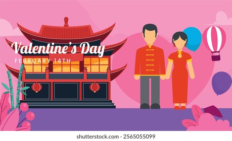 Valentine's day concept. People in love, sharing romantic feelings, giving red roses. Self-acceptance, relationships. Couple holding hands. Flat vector illustration isolated on pink background