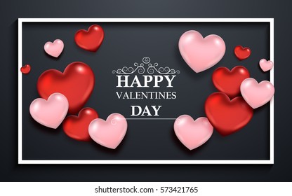 Valentine's day concept. Pink and red hearts with thin square frame.
