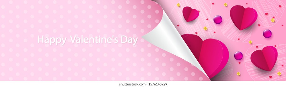Valentine's day concept. Poster or banner with sweet realistic pink ribbon. gift box and hearts isolated on background.