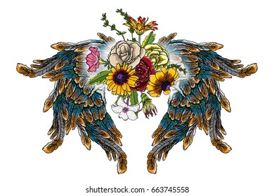 Valentines Day concept poster with hand drawing angel and bird wings and blooming lily, roses flowers isolated on white. Valentine's background for flyers, invitation, card, brochure, banner. Vector.