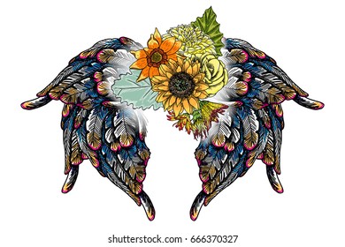 Valentines Day concept poster with hand drawing angel and bird wings and blooming lily, roses flowers isolated on white. Valentine's background for flyers, invitation, card, brochure, banner. Vector.