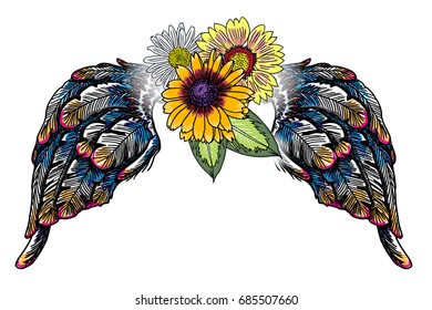 Valentines Day concept poster with hand drawing angel and bird wings and blooming lily, roses flowers isolated on white. Valentine's background for flyers, invitation, card, brochure, banner. Vector.