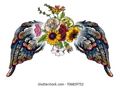 Valentines Day concept poster with hand drawing angel and bird wings and blooming lily, roses flowers isolated on white. Valentine's background for flyers, invitation, card, brochure, banner. Vector.