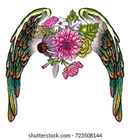 Valentines Day concept poster with hand drawing angel and bird wings and blooming lily, roses flowers isolated on white. Valentine's background for flyers, invitation, card, brochure, banner. Vector.