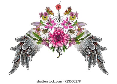 Valentines Day concept poster with hand drawing angel and bird wings and blooming lily, roses flowers isolated on white. Valentine's background for flyers, invitation, card, brochure, banner. Vector.