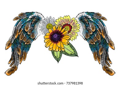 Valentines Day concept poster with hand drawing angel and bird wings and blooming lily, roses flowers isolated on white. Valentine's background for flyers, invitation, card, brochure, banner. Vector.