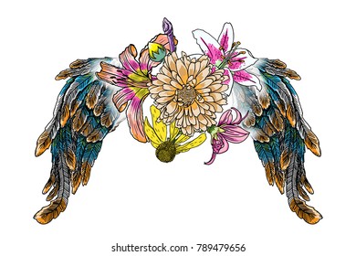 Valentines Day concept poster with hand drawing angel and bird wings and blooming lily, roses flowers isolated on white. Valentine's background for flyers, invitation, card, brochure, banner. Vector.