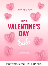 Valentine's day concept poster. Pink origami hearts background. Cute love sale banner template, Voucher, Greeting card. Trendy style. Vector illustration.