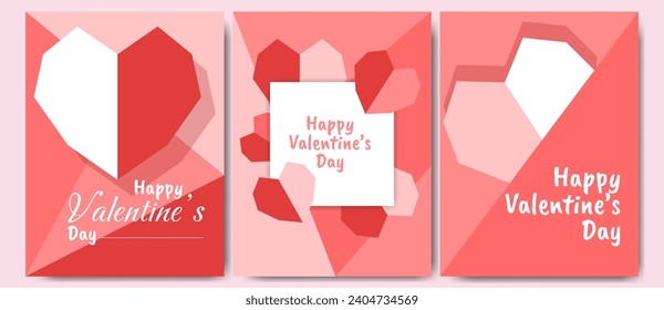 Valentine's day concept poster set. Cute pink heart vector flat geometric illustration. greeting card design