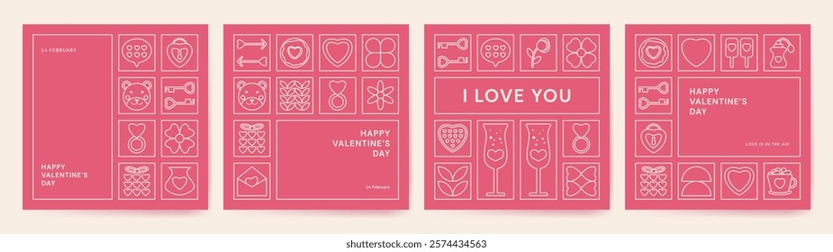 Valentine's day concept poster template set. Minimalist pink background with line decoration for card cover. Modern design trendy minimal typography. Outline love shapes icons.