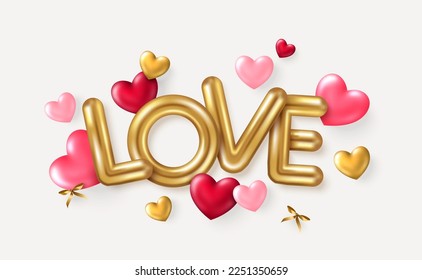 Afiche del concepto del día de San Valentín. Ilustración vectorial. Texto dorado, logotipo de tipo de letra de amor. 3 d corazones rojos rosados, cinta dorada aislada en fondo blanco. Banner corto, tarjeta de saludo del día materno