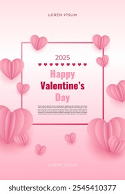 Plakat zum Valentinstag-Konzept. Vektorgrafik. Rosa Papierherzen mit Rahmen auf Farbverlauf-Hintergrund. Nette Liebe Verkauf Banner oder Grußkarte