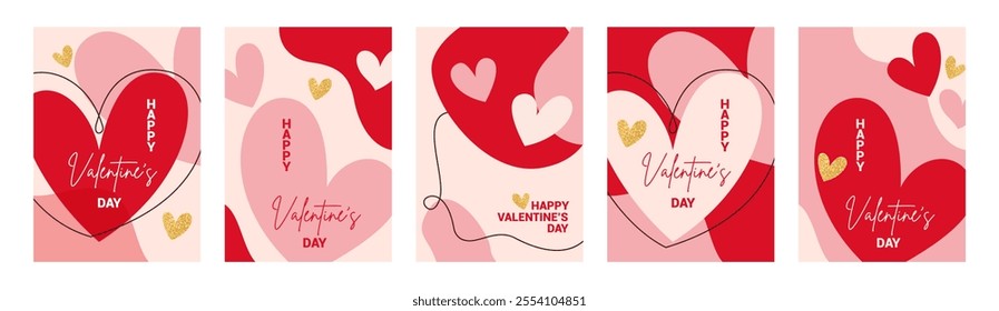 Valentine's day concept posters elegant design set in flat red and pink paper hearts background. Cute simple and love sale banners or greeting cards.