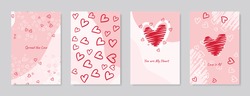 Valentine's Day Concept Posters Set. Vector Illustration. Flat Red And Pink Paper Hearts With Frame On Geometric Background. Cute Love Sale Banners Or Greeting Cards