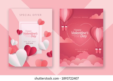Afiches conceptuales del día de San Valentín ambientados con corazones de papel rojo y rosa 3d y marco en el fondo. Banners de venta de amor o tarjetas de felicitación. ilustraciones vectoriales