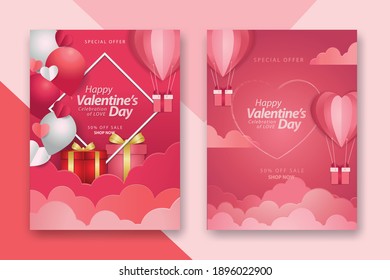 Valentine's day concept posters set with 3d red and pink paper hearts and frame on background. Cute love sale banners or greeting cards. vector illustrations