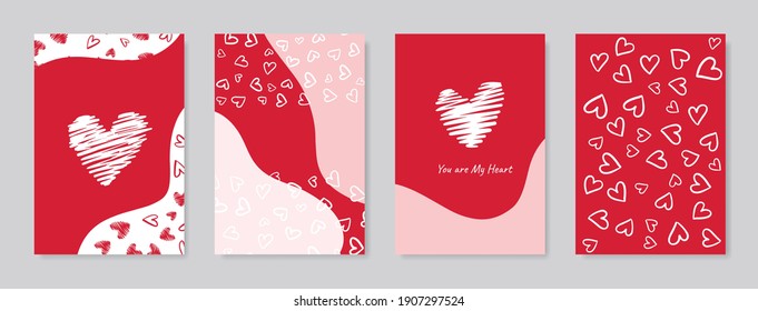 Valentine's day concept posters set. Vector illustration. Flat red and pink paper hearts with frame on geometric background. Cute love sale banners or greeting cards