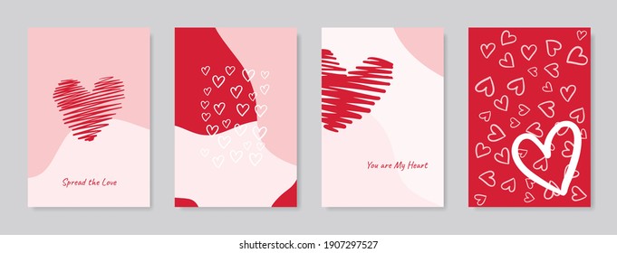 Valentine's day concept posters set. Vector illustration. Flat red and pink paper hearts with frame on geometric background. Cute love sale banners or greeting cards