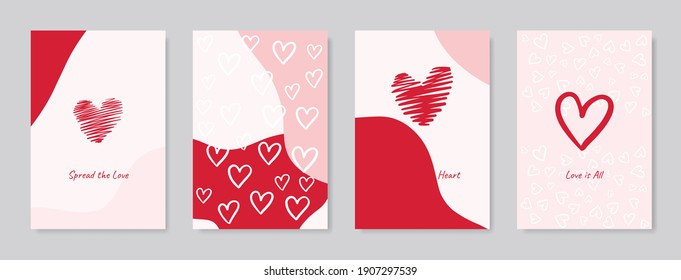 Valentine's day concept posters set. Vector illustration. Flat red and pink paper hearts with frame on geometric background. Cute love sale banners or greeting cards