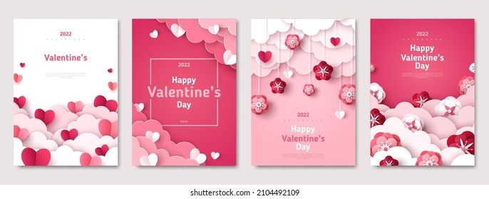 Valentine's day concept posters set. Vector illustration. 3d red and pink flowers, paper hearts, clouds with frame. Cute love sale banner, voucher, brochure template or greeting card. Place for text.