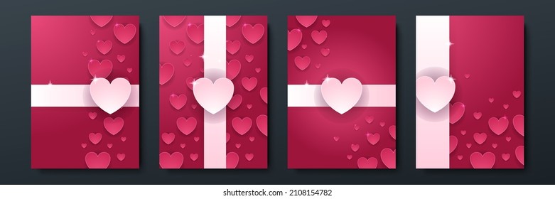 Valentinstag Konzeptplakate setzen. Vektorgrafik. 3D-rote und rosafarbene Papierherzen mit Rahmen auf geometrischem Hintergrund. Cute-Liebesverkauf-Banner oder Grußkarten