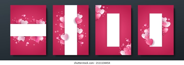 Valentine's day concept posters set. Vector illustration. 3d red and pink paper hearts with frame on geometric background. Cute love sale banners or greeting cards