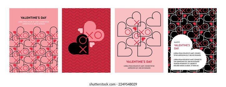 Valentine's day concept posters set. Vector illustration. red and pink paper hearts with frame on geometric background. Cute love sale banners or greeting cards