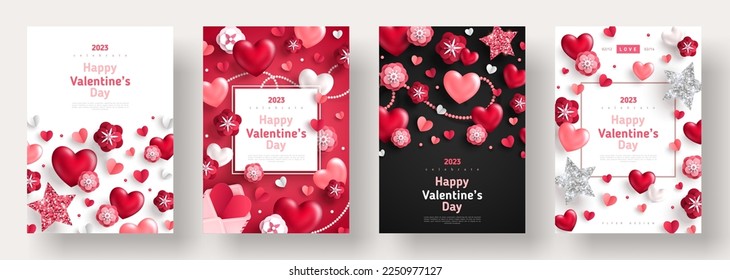 Valentine's day concept posters set. Vector illustration. 3d red and pink paper hearts with frame, rose flowers background. Cute love sale banner, voucher template, greeting card. Place for text.