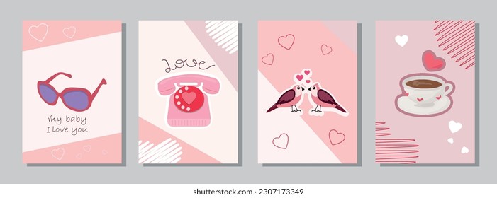 Valentine's day concept posters set. Vector illustration. Flat red and pink paper hearts with frame on geometric background. Cute love sale banners or greeting cards