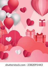 Valentine's day concept posters set with 3d red and pink paper hearts and frame on background. Cute love sale banners or greeting cards. vector illustrations