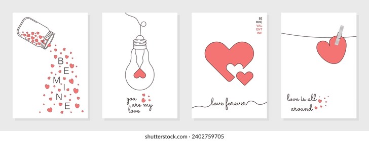 Valentine's day concept posters set. Romantic event celebration greeting cards. Cute love banners or greeting cards. Happy valentine design vector set