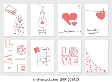 Afiches conceptuales del día de San Valentín. Grandes cartas de San Valentín. Cartas de saludo de celebración romántica. Carteles de amor o tarjetas de felicitación. 