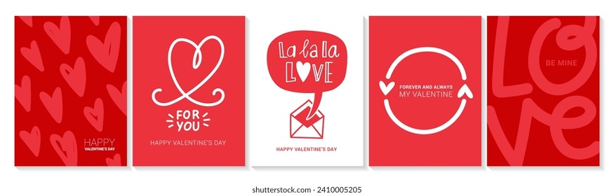 Afiches conceptuales del día de San Valentín. Ilustración vectorial. corazones rojos y rosados, estilo garabato. Banner de venta de amor, vale, plantilla de folleto o tarjeta de saludo. Plantillas de espacio de copia