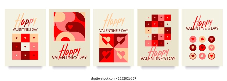 Valentine's day concept posters set. Vector illustration. Flat geometric bauhaus illustration. Cute love banners or greeting cards