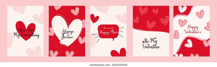 Valentine's day concept posters set in flat red and pink paper hearts background. Cute simple and love sale banners or greeting cards.