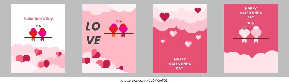 Valentine's day concept posters set. Vector illustration. pink bird, paper hearts, clouds with frame. Cute love sale banner, voucher, brochure template or greeting card. Place for text.