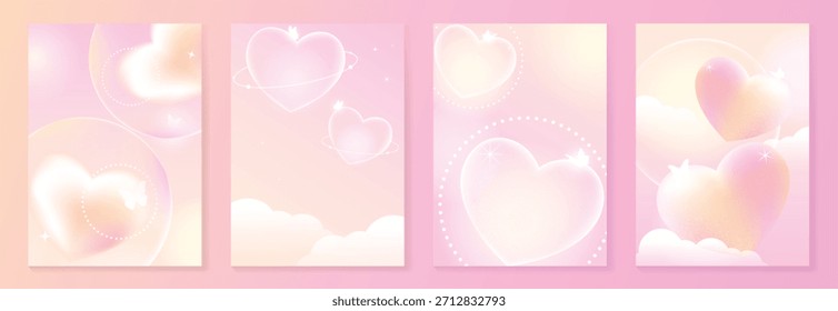 Valentinstag-Konzeptplakate. Weich-rosa Pastellherz-Vektorgrafik mit Glanz, funkelnden Lichtern, Blasen und verträumten Wolken. Schönes romantisches Design für Karten, Einladungen, Verpackungen und Tapeten.